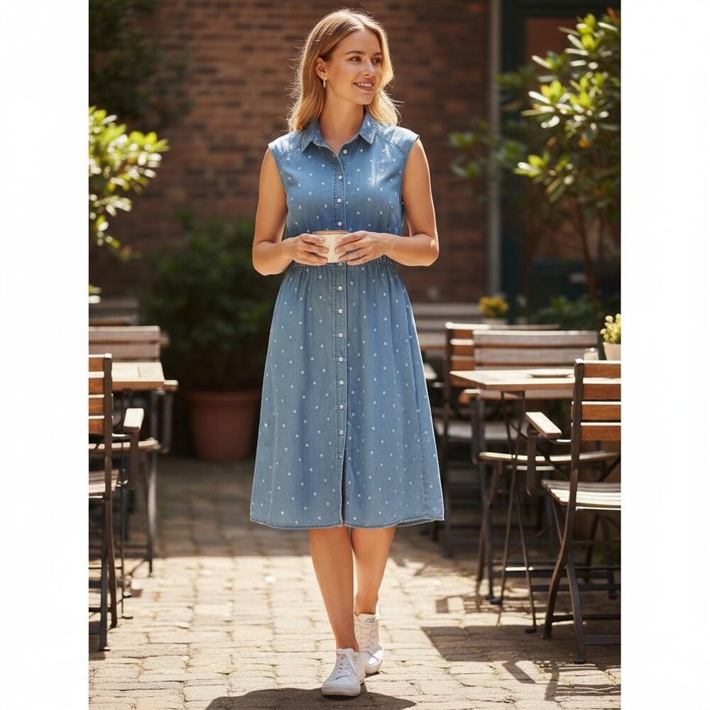 Joules Blue White Polka Dot Linen Midi Dress Size 2 Cottagecore
